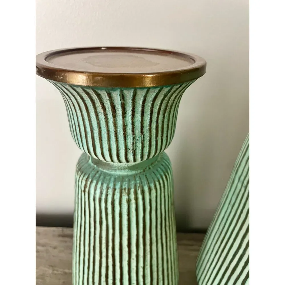 Pier 1 Aqua Patina Ribbed Candle Holders Set of 2 Gold Rim Coastal Decor